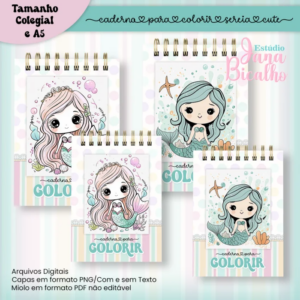 Caderno Para Colorir Sereia Cute – COLEGIAL e A5