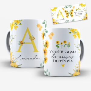 Arte Digital para Caneca Alfabeto Floral Girassol com Nome