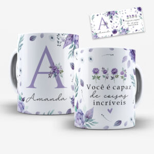 Arte Digital para Caneca Alfabeto Floral Lilás com Nome