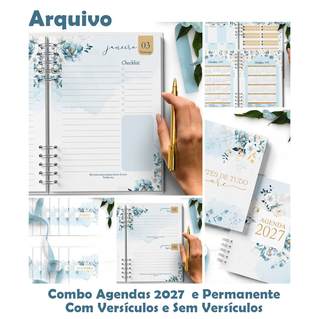 Design sem nome - 1 ARQUIVO COMBO 8 Agendas 2027 e Permanente COM VERSÍCULOS e SEM VERSÍCULOS Floral Azul - Imagem 1